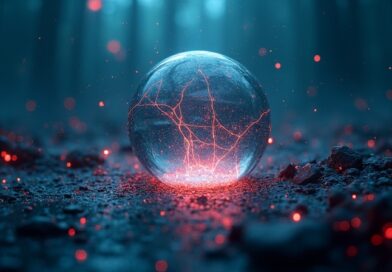 Pęknięta bańka AI z cybernetycznymi mackami nad cyfrową otchłanią finansową.