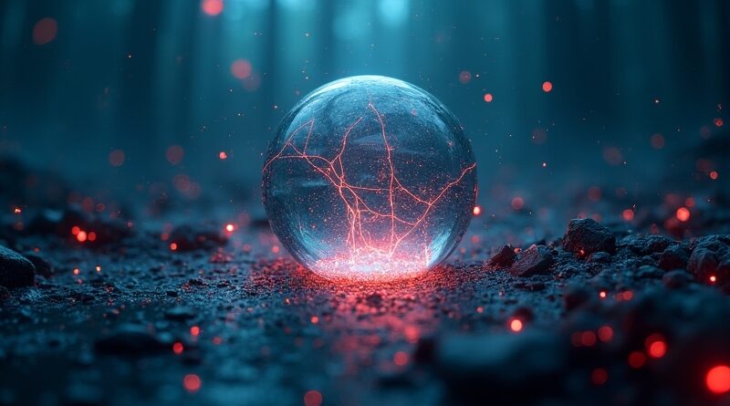 Pęknięta bańka AI z cybernetycznymi mackami nad cyfrową otchłanią finansową.