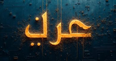 Surrealna cyfrowa ilustracja arabskiej kaligrafii i obwodów drukowanych w głębokim indygo i złocie.