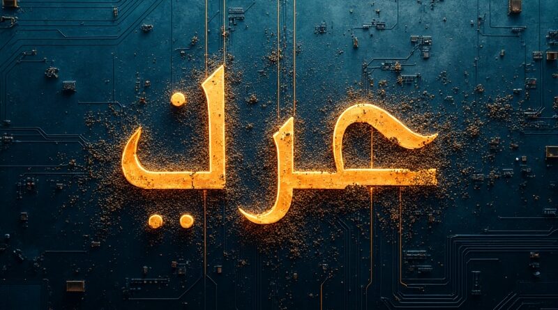 Surrealna cyfrowa ilustracja arabskiej kaligrafii i obwodów drukowanych w głębokim indygo i złocie.