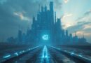 Cyfrowa forteca Nvidii i OpenAI na betonowej równinie Ohio, pulsująca niebieska energia.
