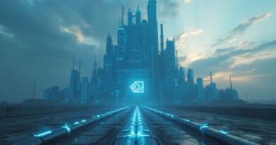 Cyfrowa forteca Nvidii i OpenAI na betonowej równinie Ohio, pulsująca niebieska energia.