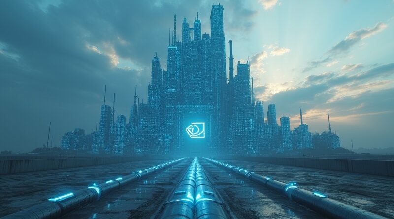 Cyfrowa forteca Nvidii i OpenAI na betonowej równinie Ohio, pulsująca niebieska energia.