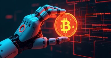 Robotyczna ręka sięga po świecący Bitcoin, skanując czerwone linie kodu alarmu.