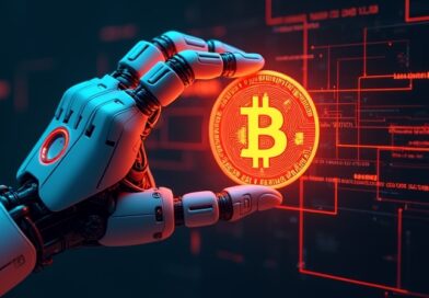 Robotyczna ręka sięga po świecący Bitcoin, skanując czerwone linie kodu alarmu.