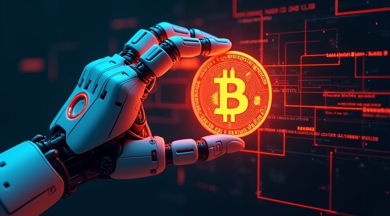 Robotyczna ręka sięga po świecący Bitcoin, skanując czerwone linie kodu alarmu.