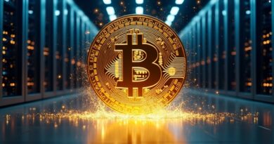 Zlota moneta Bitcoina rozpływa się w strumienie światła nad rzędami serwerowni.