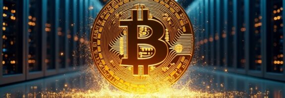 Zlota moneta Bitcoina rozpływa się w strumienie światła nad rzędami serwerowni.