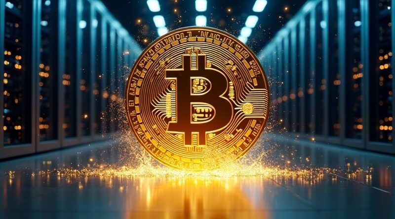 Zlota moneta Bitcoina rozpływa się w strumienie światła nad rzędami serwerowni.