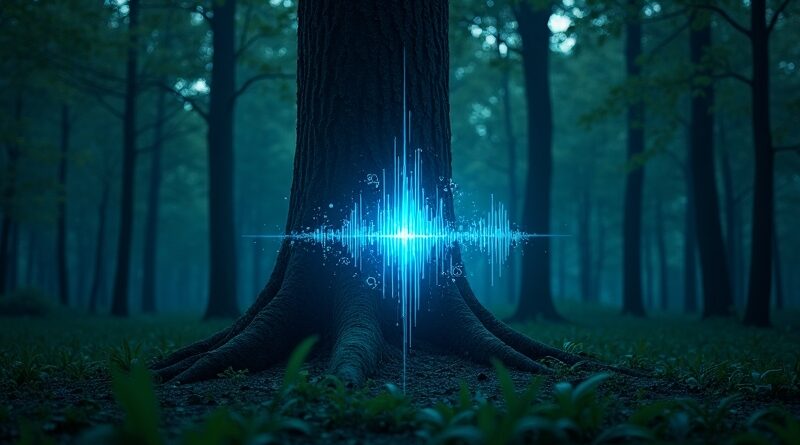 Kinowy kadr mrocznego lasu, pulsująca niebieska poświata AI, symboliczne fale dźwięku.