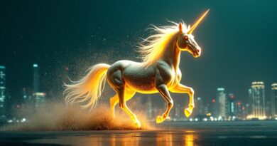 Złoty jednorożec startapu Rillet niszczy legacy ERP logo w cyberpunkowym tle.