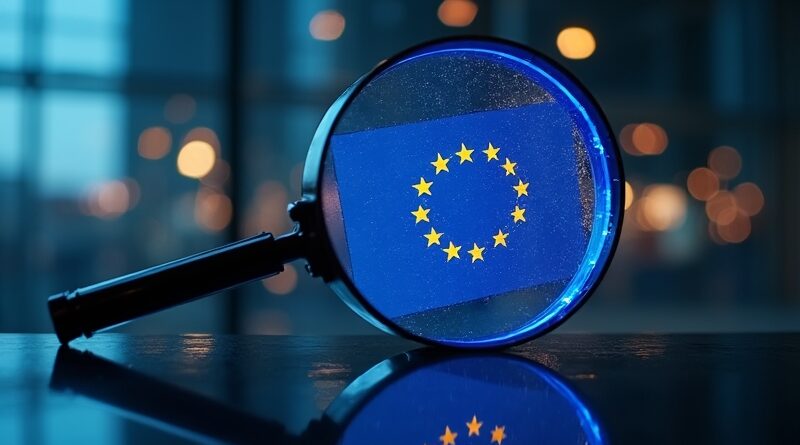Unia Europejska w szkle powiększającym nad logo ChatGPT.