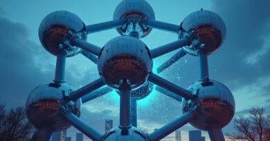 Surrealna Bruksela o zmierzchu, pęknięta kula Atomium, cyfrowe macki, flaga UE we fragmentach.
