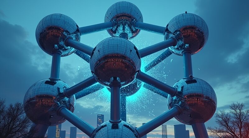 Surrealna Bruksela o zmierzchu, pęknięta kula Atomium, cyfrowe macki, flaga UE we fragmentach.