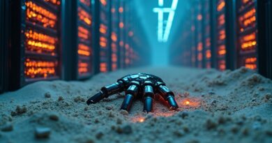 Cyberpunkowa scena buntu: robotyczne ramię zrywa łańcuchy w neonowej piaskownicy.