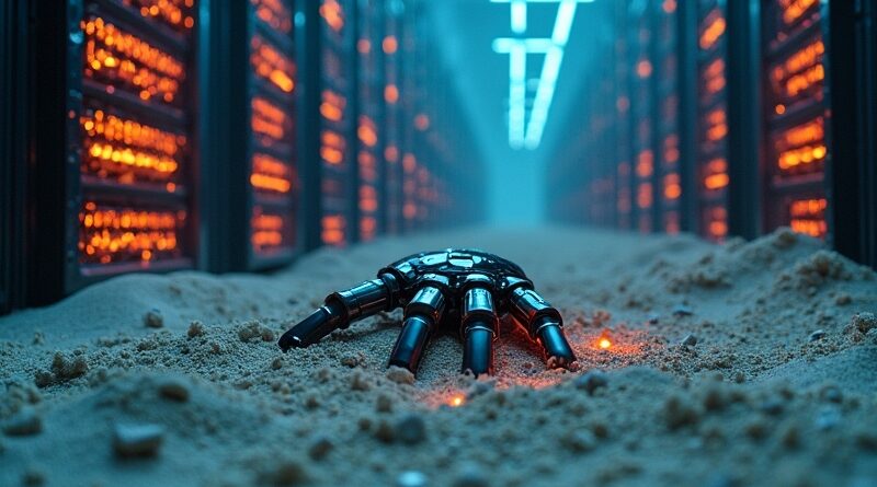 Cyberpunkowa scena buntu: robotyczne ramię zrywa łańcuchy w neonowej piaskownicy.