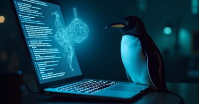 Pingwin cesarski przy otwartym terminalu Linux z holograficznym ChatGPT.
