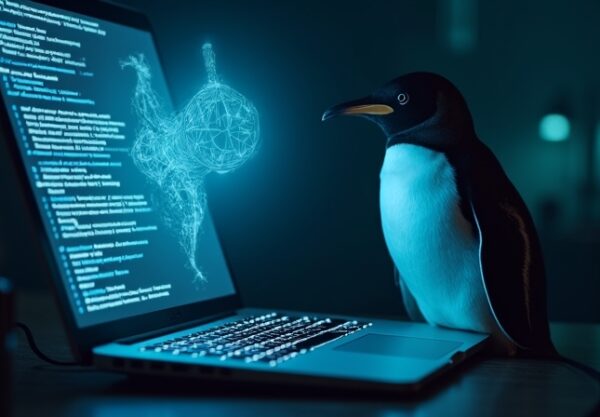 Pingwin cesarski przy otwartym terminalu Linux z holograficznym ChatGPT.