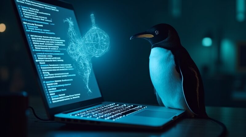 Pingwin cesarski przy otwartym terminalu Linux z holograficznym ChatGPT.