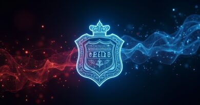 Odznaka policyjna przekształca się w świetlistą rzekę danych blockchain w cyberpunkowej scenerii.