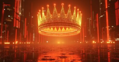Złota korona z filmowych rolek i kodu nad neonowym miastem, symbol króla AI