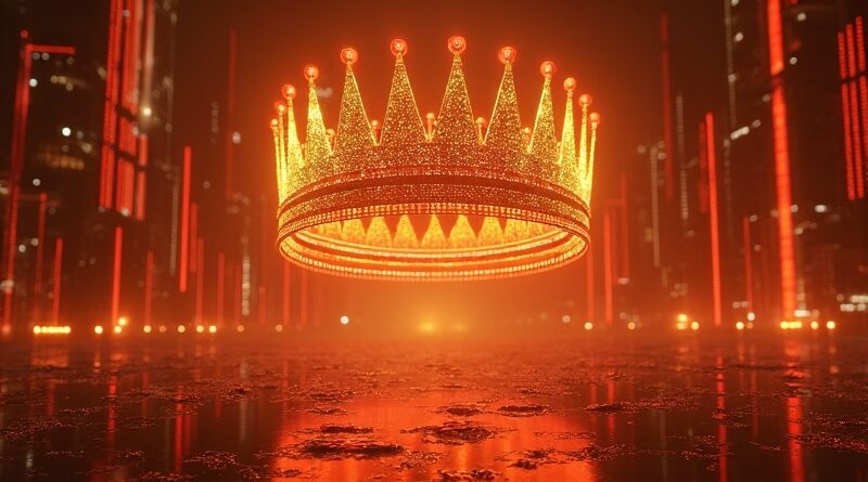 Złota korona z filmowych rolek i kodu nad neonowym miastem, symbol króla AI