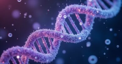 Luminous AI agent morphing into DNA helix amid floating protein molecules in violet and cyan.
