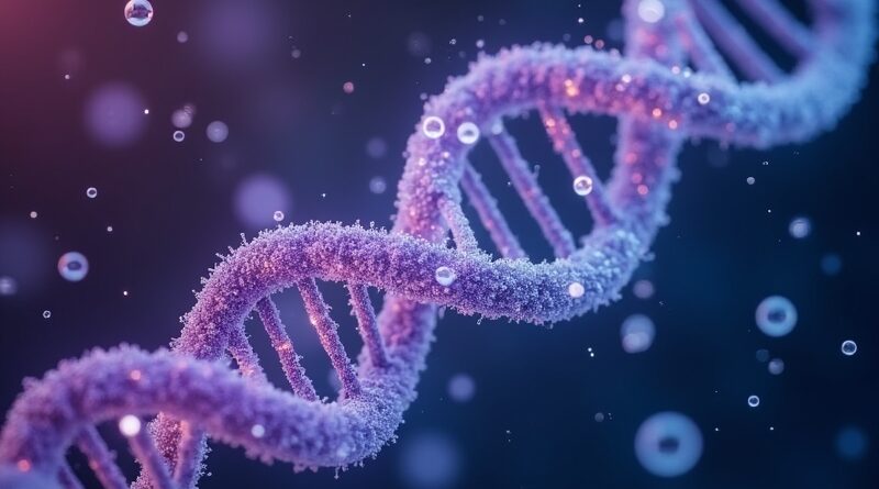 Luminous AI agent morphing into DNA helix amid floating protein molecules in violet and cyan.
