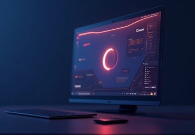 Minimalistyczny pulpit z panelem Claude AI i wbudowaną przeglądarką w futurystycznych barwach.