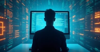 Cyfrowa sylwetka na pulpicie macOS, otoczona błyszczącymi strumieniami tekstu w błękicie i neonowym oranżu.