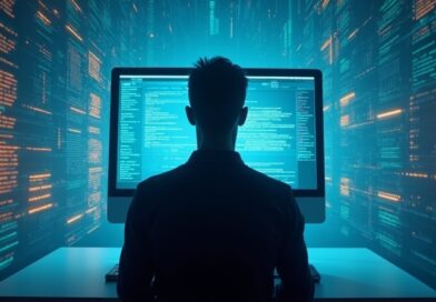 Cyfrowa sylwetka na pulpicie macOS, otoczona błyszczącymi strumieniami tekstu w błękicie i neonowym oranżu.