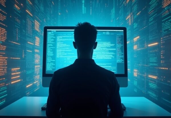 Cyfrowa sylwetka na pulpicie macOS, otoczona błyszczącymi strumieniami tekstu w błękicie i neonowym oranżu.
