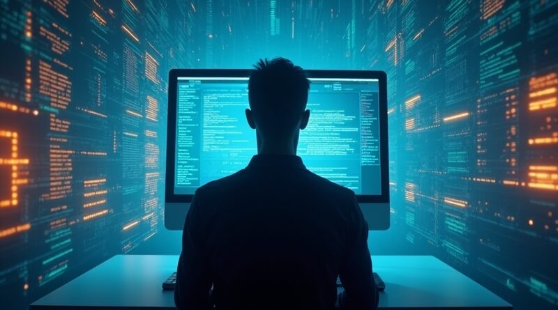 Cyfrowa sylwetka na pulpicie macOS, otoczona błyszczącymi strumieniami tekstu w błękicie i neonowym oranżu.