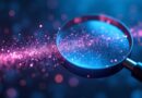 Neonowy strumień AI Origin przesłania stare szkło powiększające do code review.