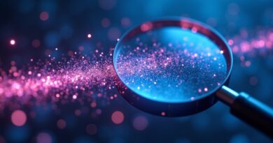 Neonowy strumień AI Origin przesłania stare szkło powiększające do code review.