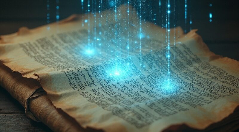 Stare pergaminy z sieciami neuronowymi i korekcyjnym światłem w sepii i cyjanie.