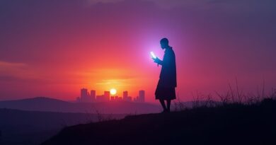 Sylwetka wojownika Masajów z holograficznym smartfonem na tle Nairobi o zachodzie słońca.