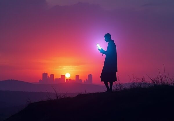 Sylwetka wojownika Masajów z holograficznym smartfonem na tle Nairobi o zachodzie słońca.