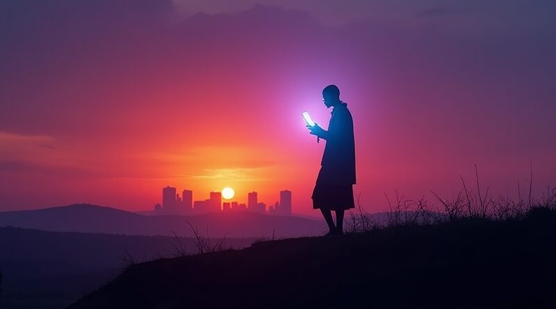 Sylwetka wojownika Masajów z holograficznym smartfonem na tle Nairobi o zachodzie słońca.
