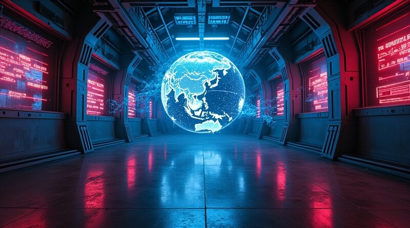 Pusta, cyberpunkowa sala z holograficzną kulą Korei i świecącymi strumieniami danych AI.