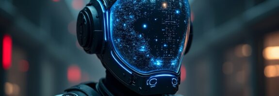 Hełm żołnierza z holograficznym interfejsem AI i niebieskimi strumieniami danych.