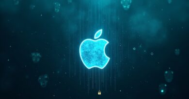 Szum danych, logo Apple, blada kłódka, cyberatak, niebieski chaos.