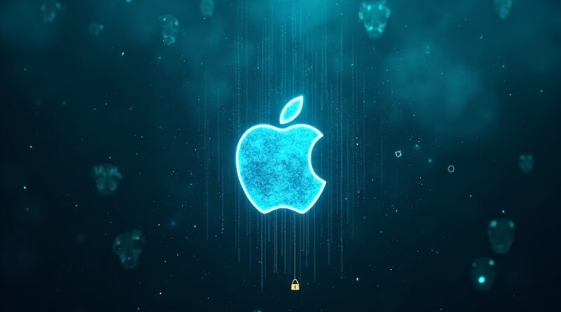 Szum danych, logo Apple, blada kłódka, cyberatak, niebieski chaos.