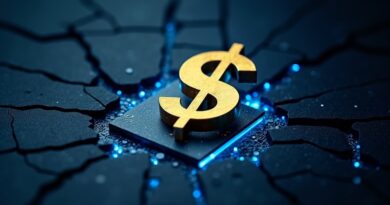Złoty, rozbity znak dolara na ciemnej płytce krzemowej, błękitne strumienie danych.