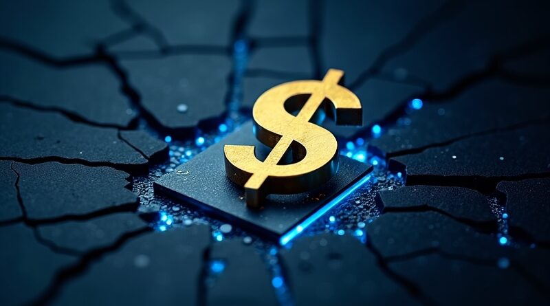 Złoty, rozbity znak dolara na ciemnej płytce krzemowej, błękitne strumienie danych.