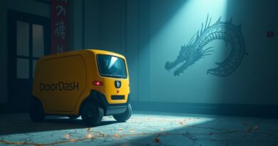 Robot dostawczy DoorDash w świetle kongresowym, cień chińskiego smoka nad mapą tras.