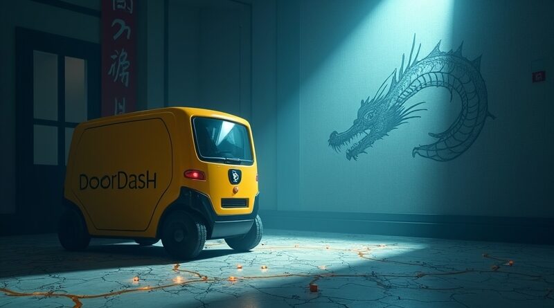 Robot dostawczy DoorDash w świetle kongresowym, cień chińskiego smoka nad mapą tras.