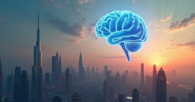 Futurystyczny Dubaj o zachodzie słońca z przezroczystym cyfrowym mózgiem.