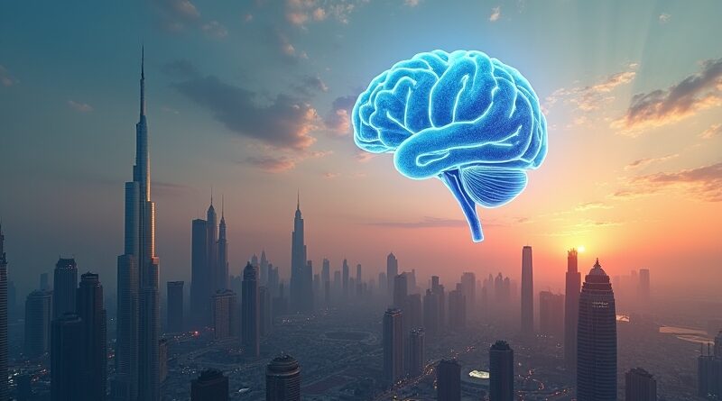 Futurystyczny Dubaj o zachodzie słońca z przezroczystym cyfrowym mózgiem.