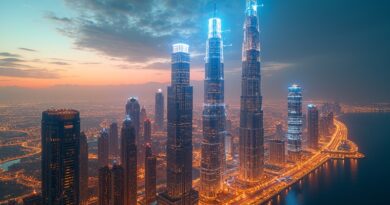 Dubaj o zmierzchu, świetliste sieci 6G nad przezroczystymi wieżowcami, cyfrowy bliźniak w centrum.